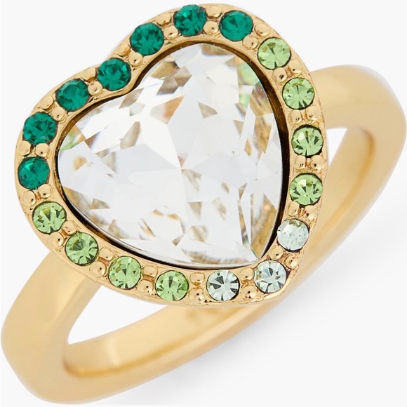 Kurt Geiger Jewelry - Gold Heart Ring with Clear Center Stone and Green Crystal Halo
